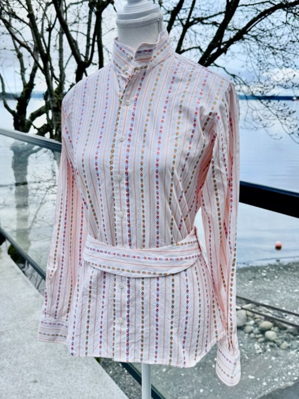 Vintage 70s Button Down Floral Stripe Orange Cream Belted Shirt